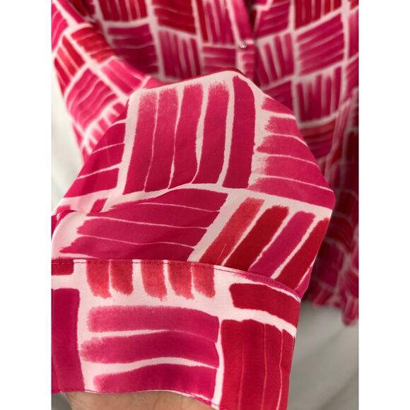 Liz Claiborne Women's Sheer Blouse XL Red Pink White V-Neck Pullover Pattern - Picture 6 of 10